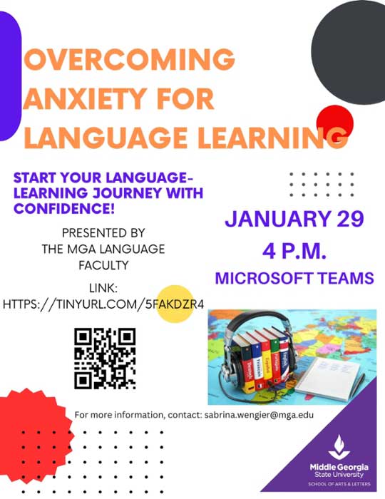 Overcoming Language Anxiety event flyer.